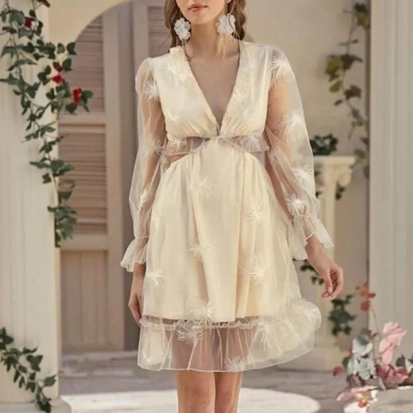 NEW! Mesh Floral Lace Plunging Neck Cut Out Lace Up Dress - Picture 5 of 8